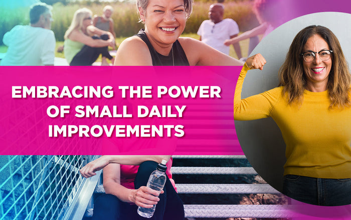 Smiling women exercising outdoors and flexing in a yellow shirt, promoting daily health improvements.