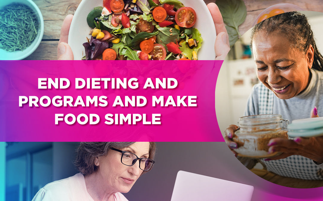 A collage with a salad, smiling woman cooking, and a woman on a laptop, with text about simple eating.