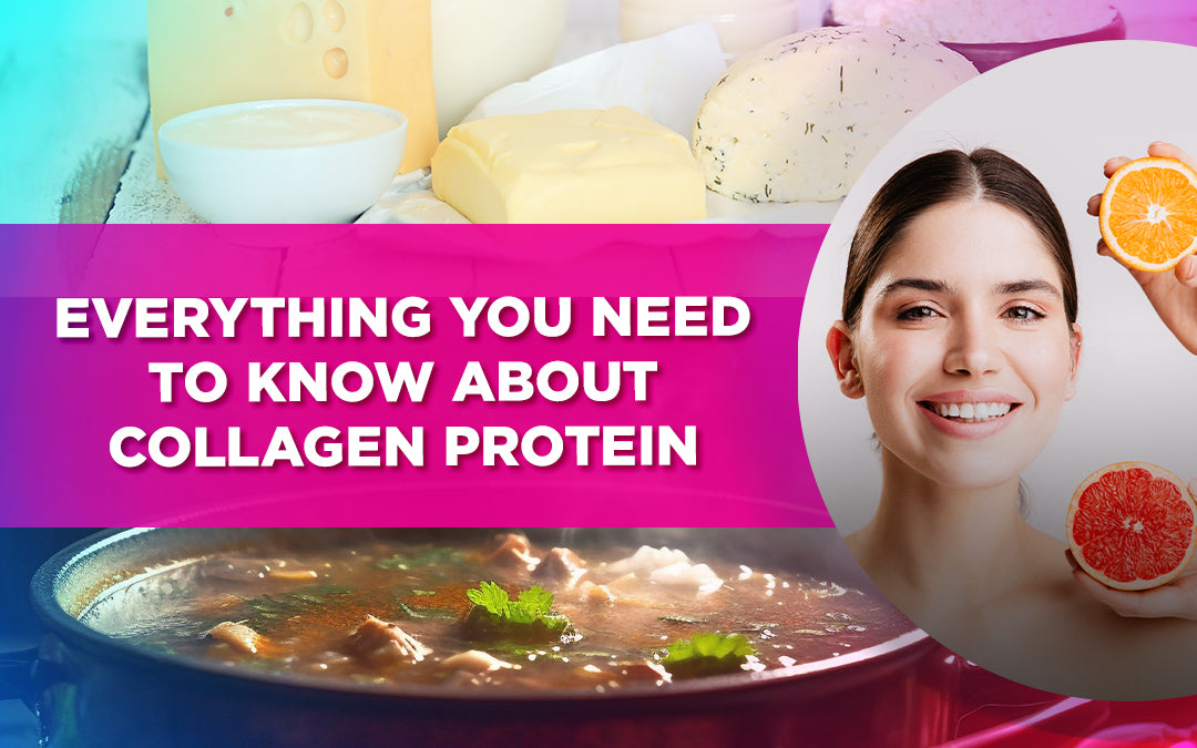 Image of a smiling woman holding citrus fruits with text overlay: Everything You Need to Know About Collagen Protein.