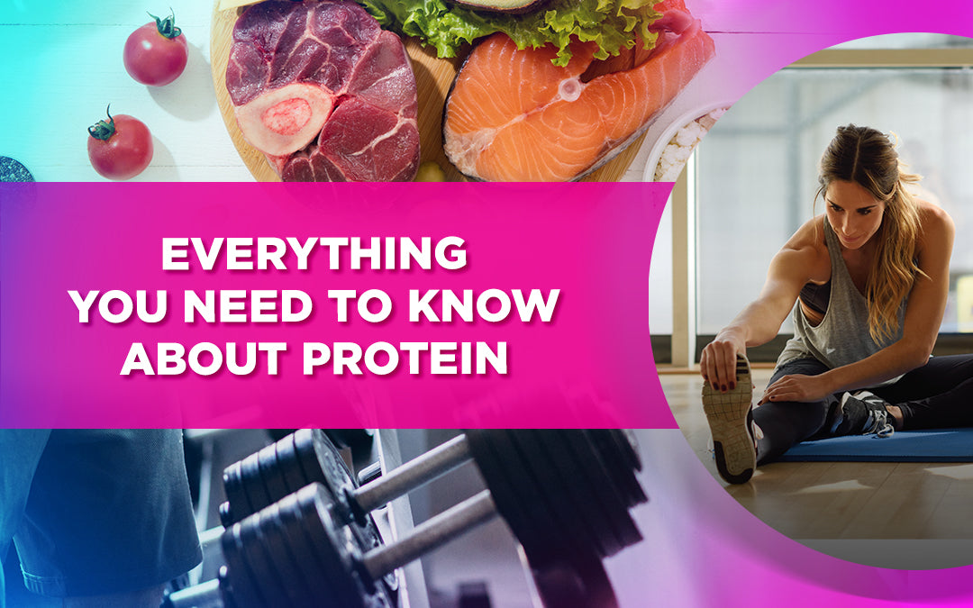 Banner image of food, exercise, and weights with text: Everything You Need to Know About Protein