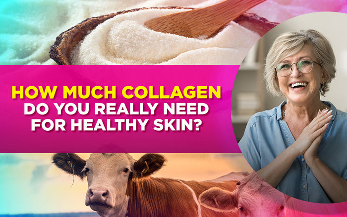 "Collagen powder, a smiling elderly woman, and cows with text asking about collagen for healthy skin."