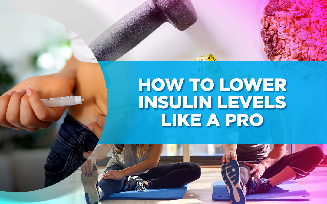 Image of a person injecting insulin, exercising, weights, and food, with text 'How to Lower Insulin Levels Like a Pro.