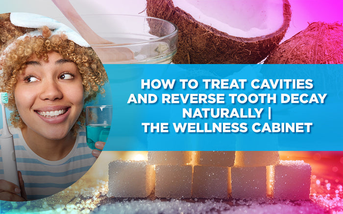 Smiling woman with toothbrush and mouthwash, coconuts, sugar cubes, with text about natural cavity care.