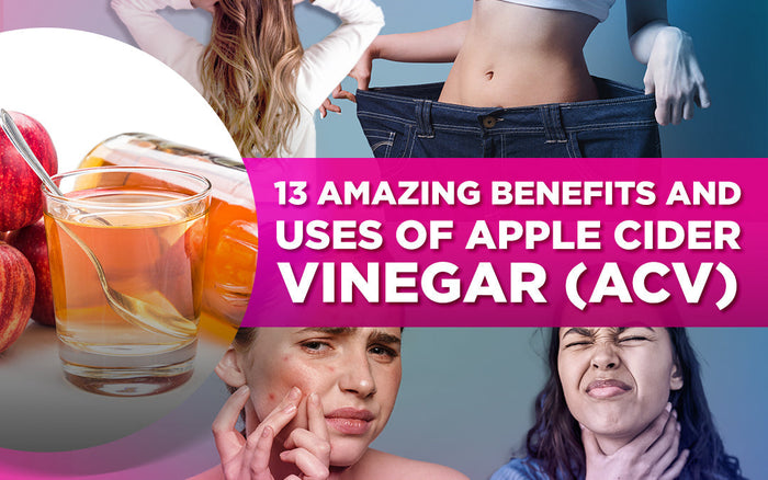 Graphic showcasing 13 benefits and uses of apple cider vinegar for health and wellness.