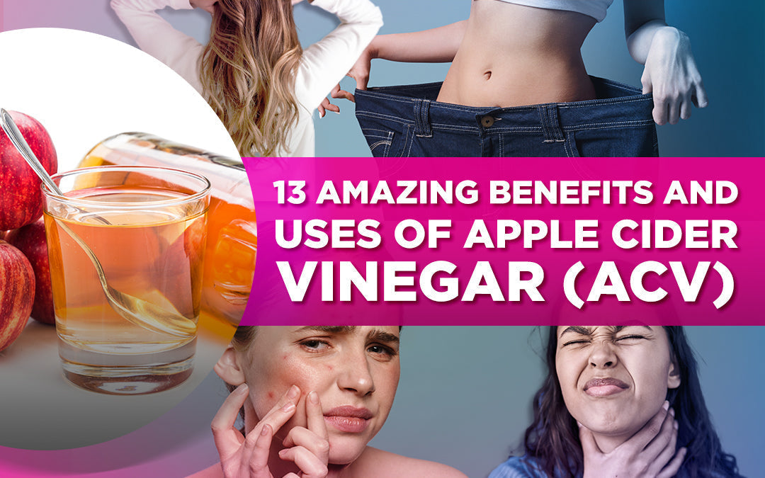 Graphic showcasing 13 benefits and uses of apple cider vinegar for health and wellness.