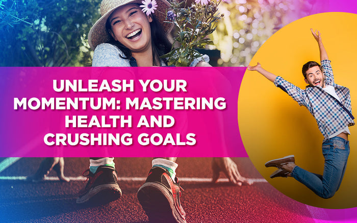 Smiling woman with flowers and jumping man with text: "Unleash Your Momentum: Mastering Health."
