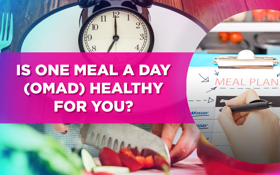"Image with text: 'Is One Meal a Day (OMAD) Healthy for You?' over a clock, meal prep, and a meal plan."