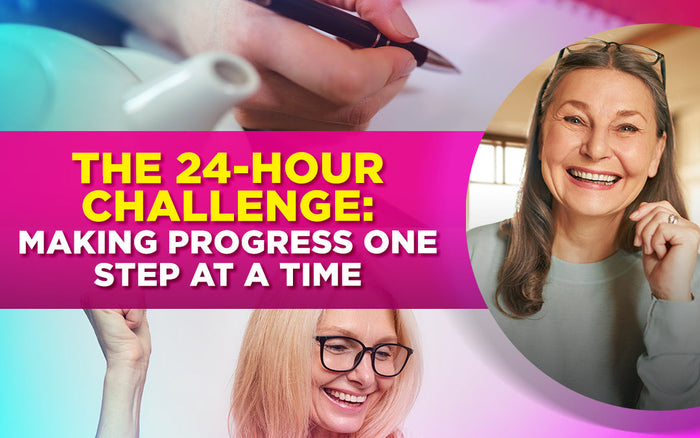 "Bright graphic with text 'The 24-Hour Challenge: Making Progress One Step at a Time' and smiling women."