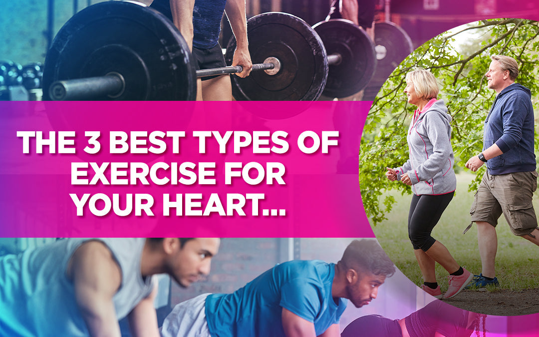 "Text reads 'The 3 Best Types of Exercise for Your Heart...' with images of weightlifting and walking."