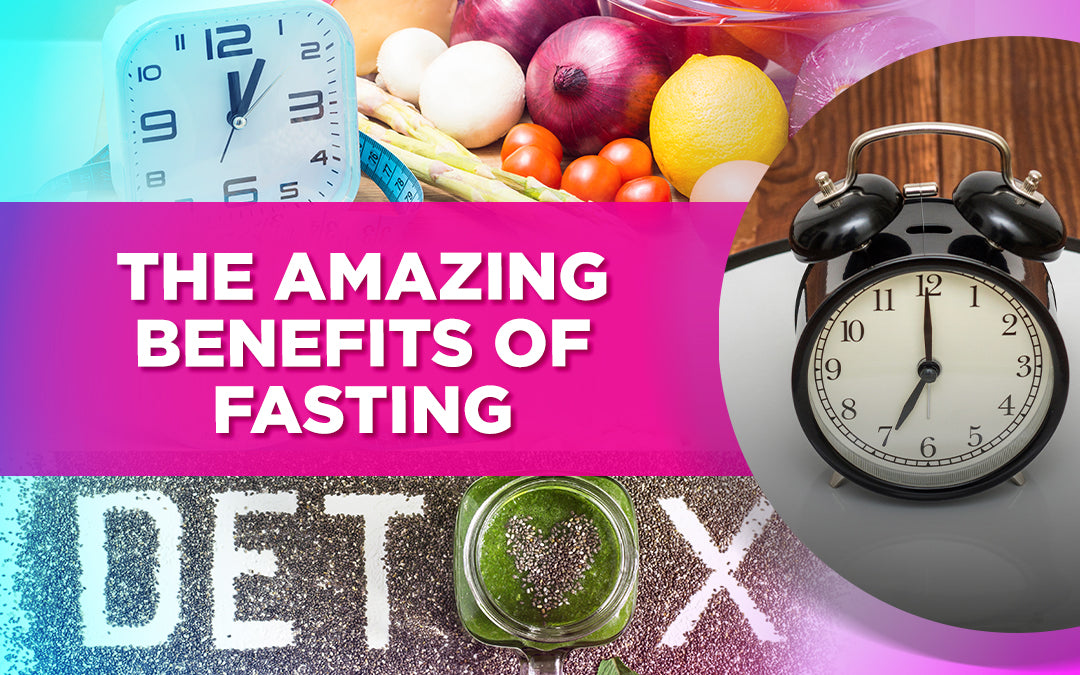 Graphic on the benefits of fasting with clocks, vegetables, and the word 'detox' displayed.