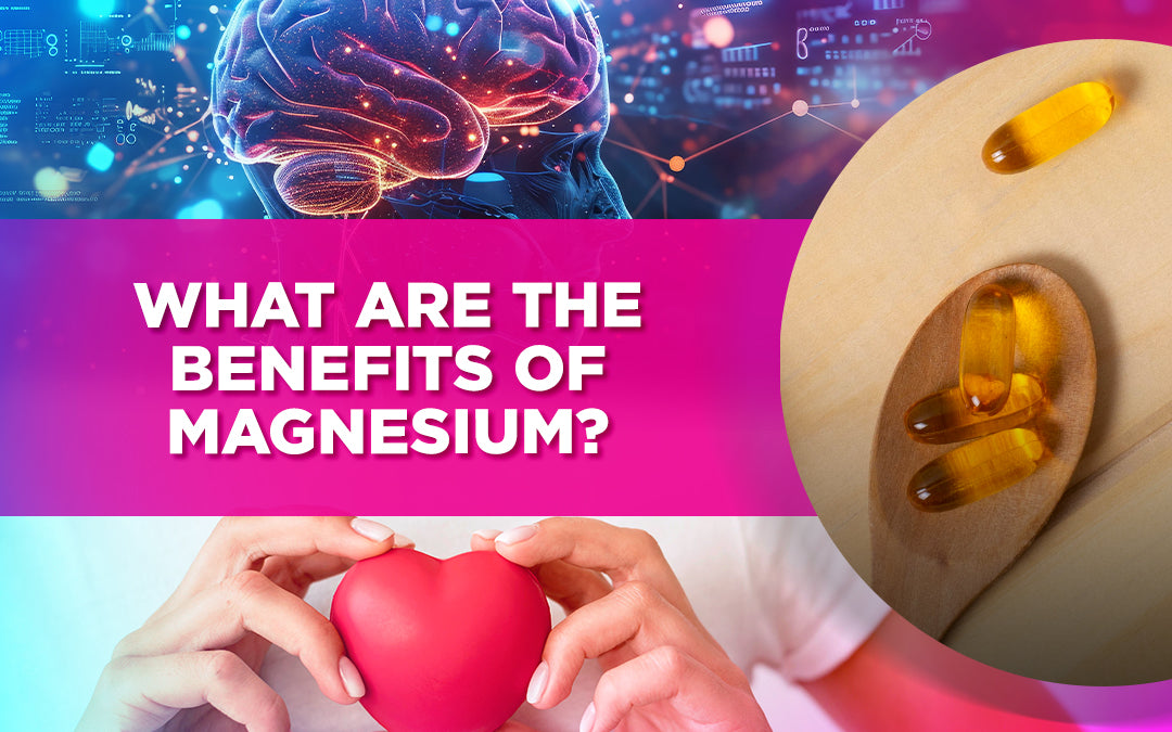 Banner image with brain, supplements, and heart icon, text reads: What Are the Benefits of Magnesium?