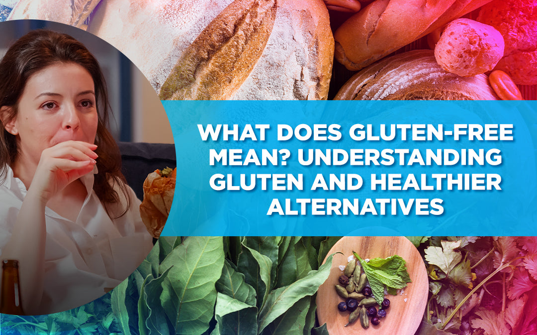 Banner with woman eating and text: What Does Gluten-Free Mean? Understanding Gluten and Healthier Alternatives.