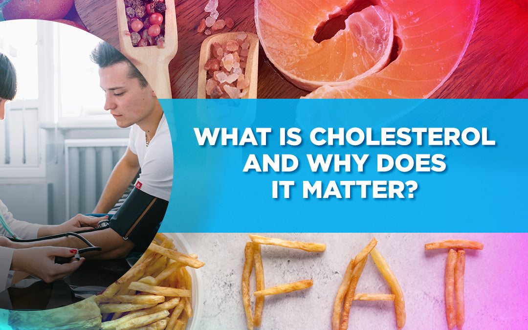 Image showing a blood pressure check and foods, titled 'What Is Cholesterol and Why Does It Matter?'